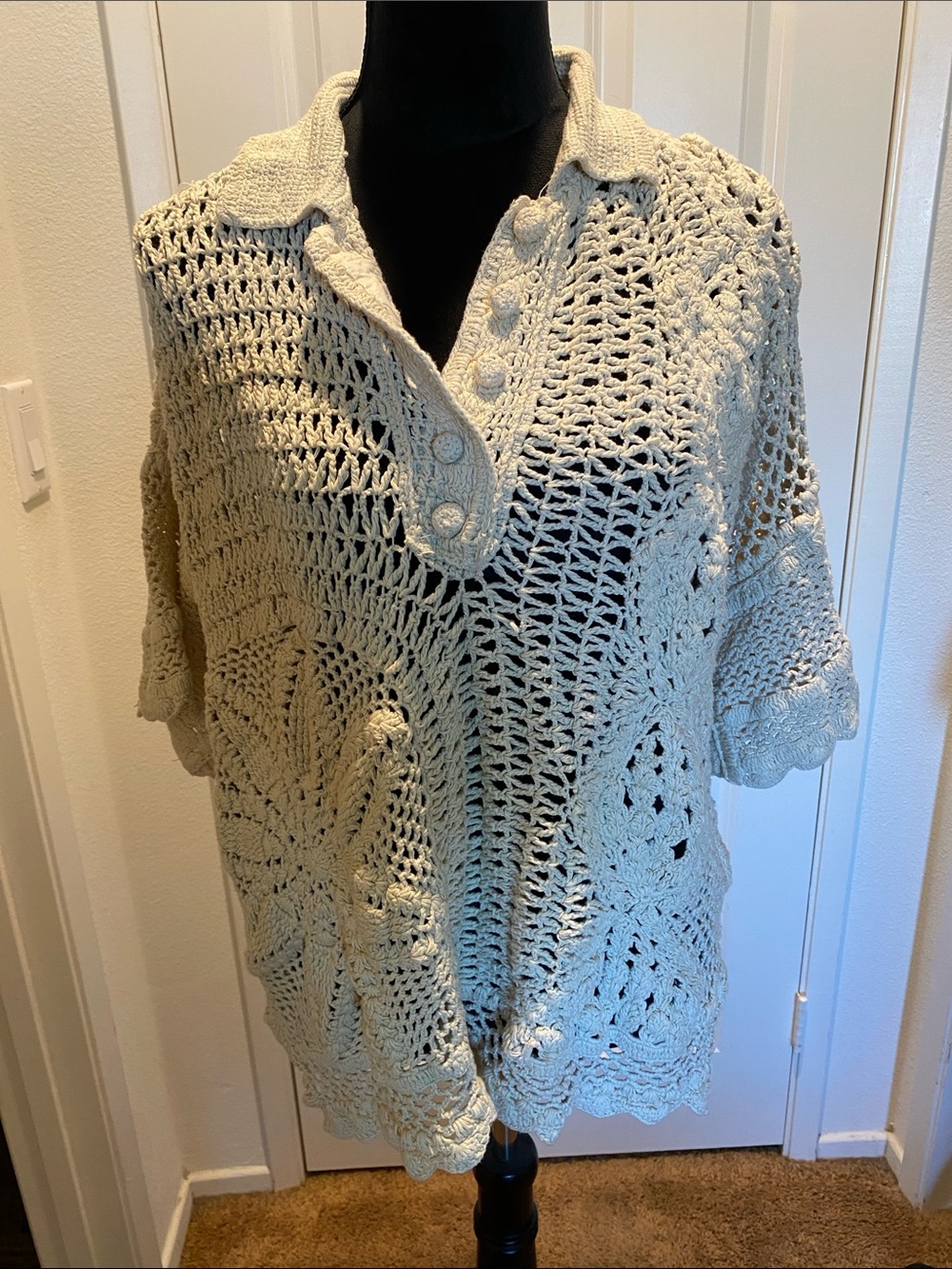 WTF Dahlia Cream Crochet Collared Sweater EUC